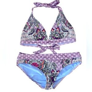 Prana Two Piece Pink Floral Bohemian Print Bikini